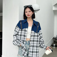 Fashion Women Girls Demin contrast color splicing long sleeve shirt  - Thumbnail 6