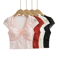 Romantic Butterfly Lace V-neck Short Sleeve T-shirt - Thumbnail 6