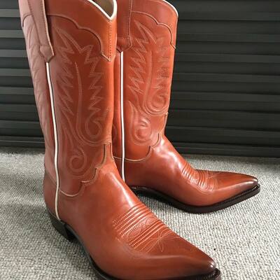 Handmade men dress shoes orange brown french calf with dark patina on toes cowboy boot