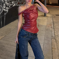 Leather off-shoulder personality fashion irregular sleeveless top - Thumbnail 1