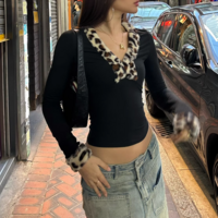 Leopard print fur collar spliced ​​hottie top - Thumbnail 1