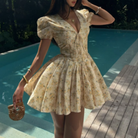 Deep V short-sleeved floral summer French dress Sweet and spicy style fashionable puffy skirt - Thumbnail 6