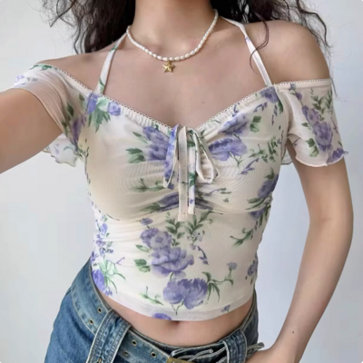 Flower mesh v-neck short-sleeved T-shirt