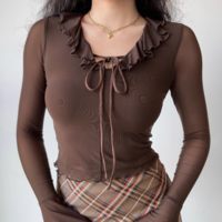 Ruffled Tie-Tie Mesh Long Sleeve T-Shirt - Thumbnail 2