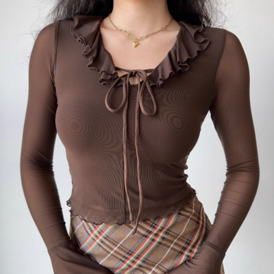 Ruffled tie-tie mesh long sleeve t-shirt