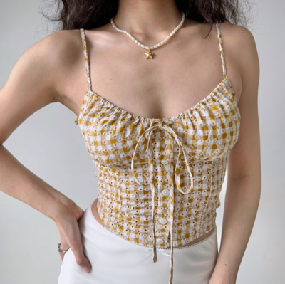 Cutout Daisy Plaid Tank Top