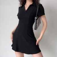 Simple lapel short-sleeved black dress - Thumbnail 1