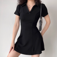 Simple lapel short-sleeved black dress - Thumbnail 2