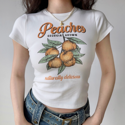 White straight shoulder T-shirt with peach print