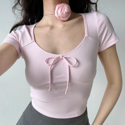 Ballet style low-cut round neck straight shoulder t-shirt - Thumbnail 5