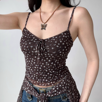 Retro floral suspender cardigan two-piece set