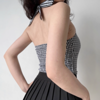 Black and white plaid slim-fit halterneck vest - Thumbnail 1