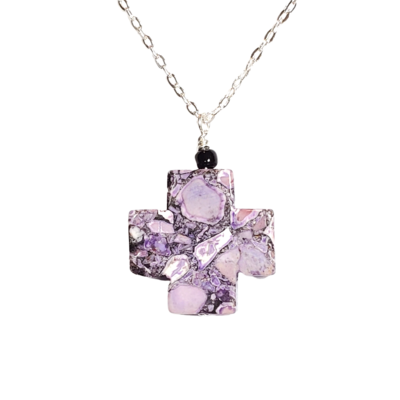 Purple mosaic jasper cross necklace