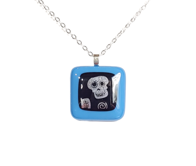 Blue Fused Glass Dichroic Skull Necklace