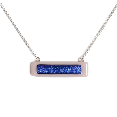 Dichroic blue on lavender purple fused glass bar necklace