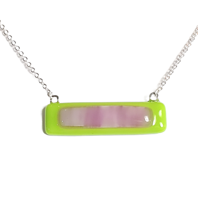 Purple on green fused glass bar necklace