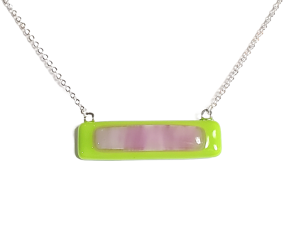 Purple on Green Fused Glass Bar Necklace