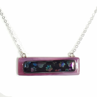 Dichroic dog paws on purple fused glass bar necklace