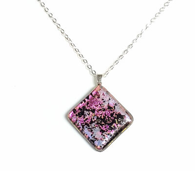 Dichroic Pink Splatter on Black Fused Glass Necklace