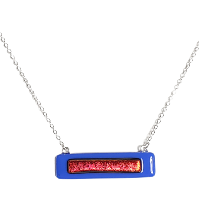 Dichroic red on blue fused glass bar necklace
