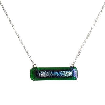 Geometric silver and blue dichroic on iridescent green fused glass bar necklace
