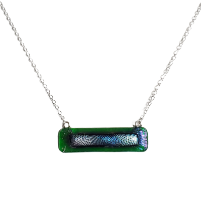 Geometric Silver and Blue Dichroic on Iridescent Green Fused Glass Bar Necklace