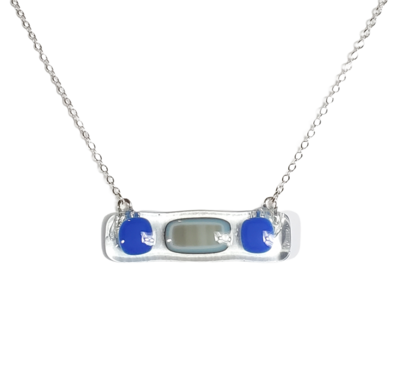Blue and Smoky Grey Dots on Clear Fused Glass Bar Necklace