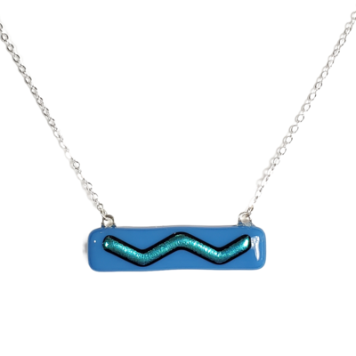 Dichroic turquoise wave on blue fused glass bar necklace