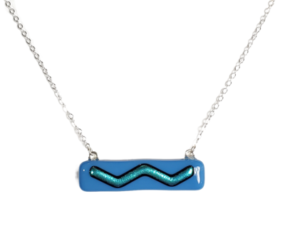 Dichroic Turquoise Wave on Blue Fused Glass Bar Necklace