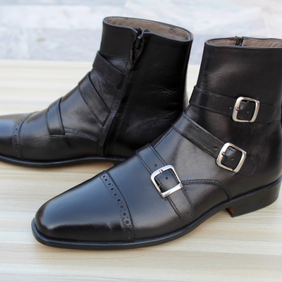 Crafted leather classic men dress shoes black leather triple buckle strap boot