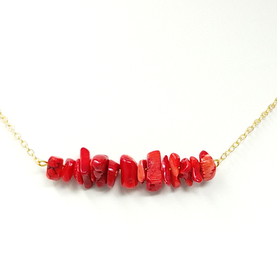 Red coral chip bar necklace