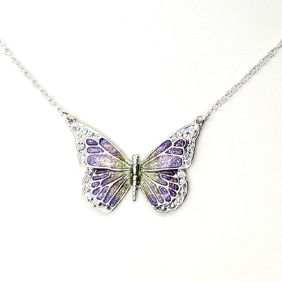 Purple and green butterfly pendant necklace