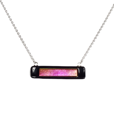 Dichroic pink on black fused glass bar necklace