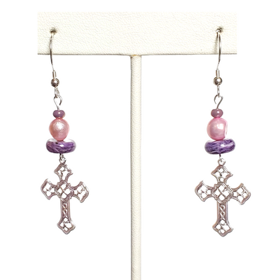 Pink pearl, purple charoite, and filigree cross earrings