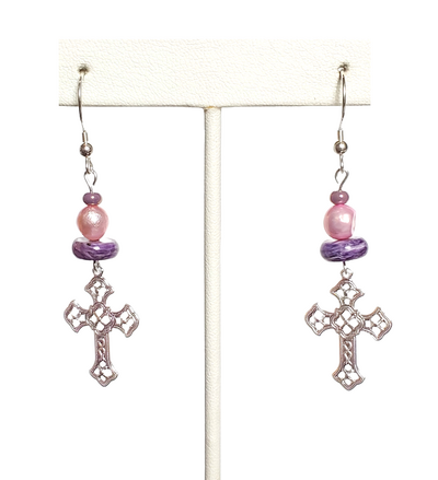 Pink Pearl, Purple Charoite, and Filigree Cross Earrings