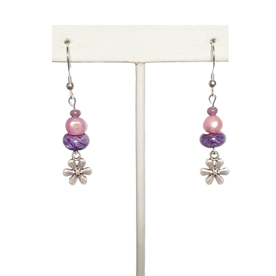 Pink pearl, purple charoite, and flower charm earrings