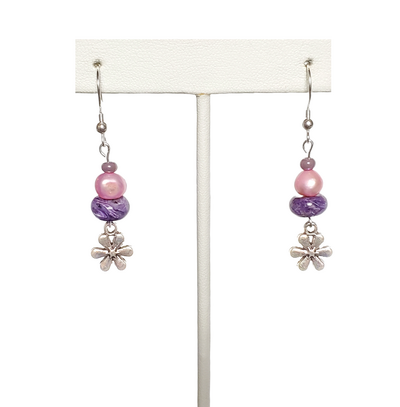 Pink Pearl, Purple Charoite, and Flower Charm Earrings