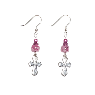 Pink crazy lace agate, purple amethyst, and cross earrings