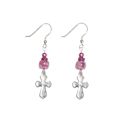 Pink Crazy Lace Agate, Purple Amethyst, and Cross Earrings
