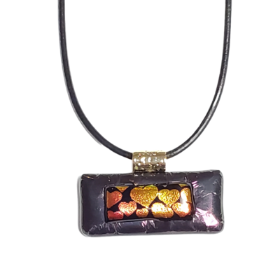 Dichroic hearts on metallic black fused glass leather necklace