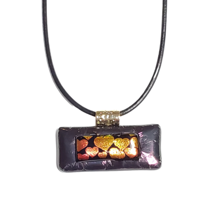 Dichroic Hearts on Metallic Black Fused Glass Leather Necklace