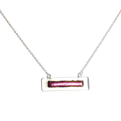 Pink dichroic circles on clear fused glass bar necklace
