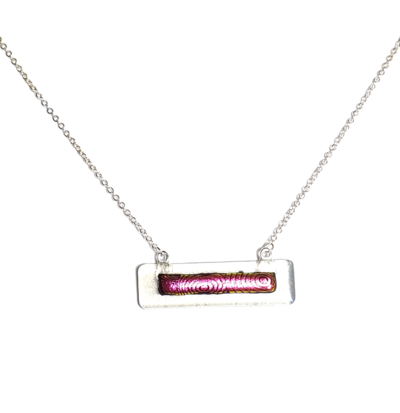 Pink Dichroic Circles on Clear Fused Glass Bar Necklace