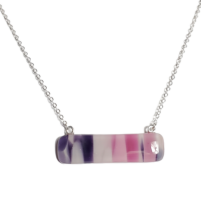 Pink, white, and black striped fused glass bar necklace