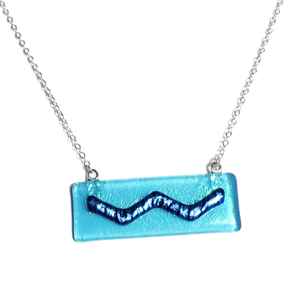 Dichroic blue wave on transparent blue fused glass bar necklace - Thumbnail 1