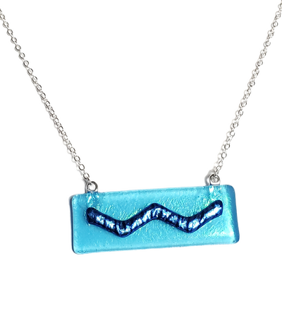 Dichroic Blue Wave on Transparent Blue Fused Glass Bar Necklace