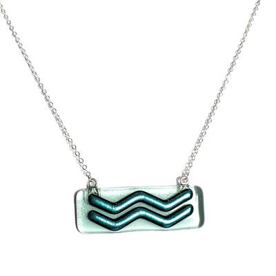 Dichroic green waves on transparent green fused glass bar necklace - Thumbnail 1