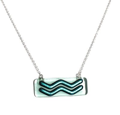 Dichroic Green Waves on Transparent Green Fused Glass Bar Necklace