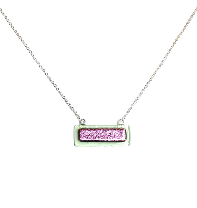 Dichroic Pink on Iridescent White Fused Glass Bar Necklace