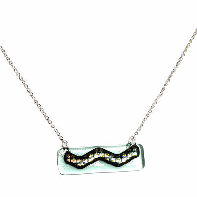 Dichroic plaid wave on transparent green fused glass bar necklace - Thumbnail 2